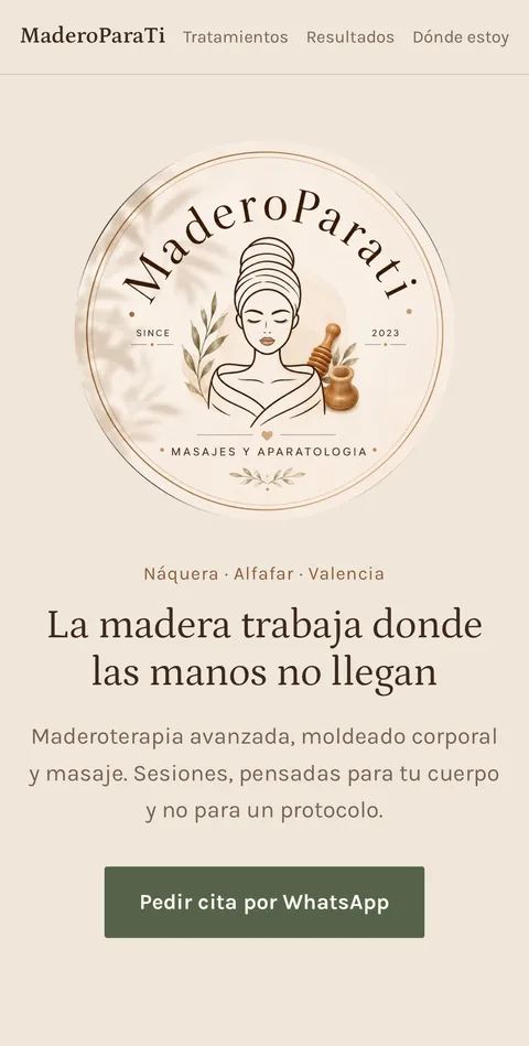 maderoparati.com home page on a phone, with the logo, tagline and WhatsApp booking button