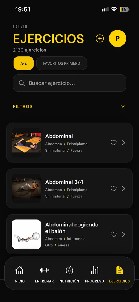 Palvik: exercise library with filters and favorites