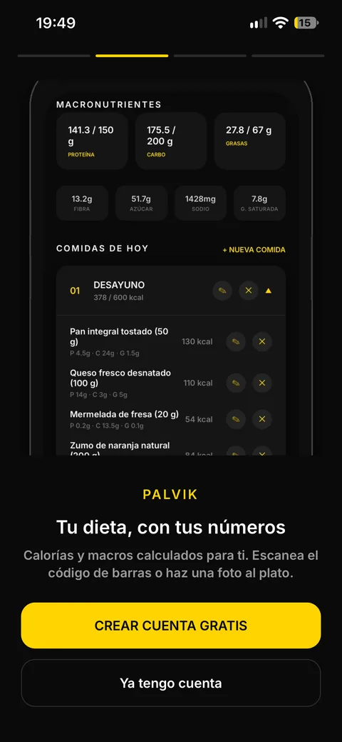 Palvik: meal log with calories and macros